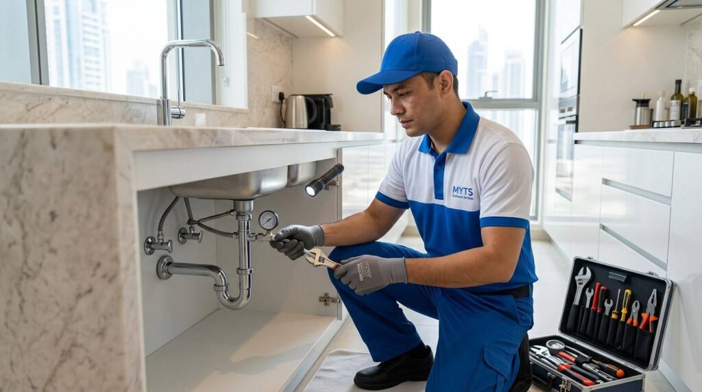 Skilled plumber repairing bathroom plumbing system in Dubai villa