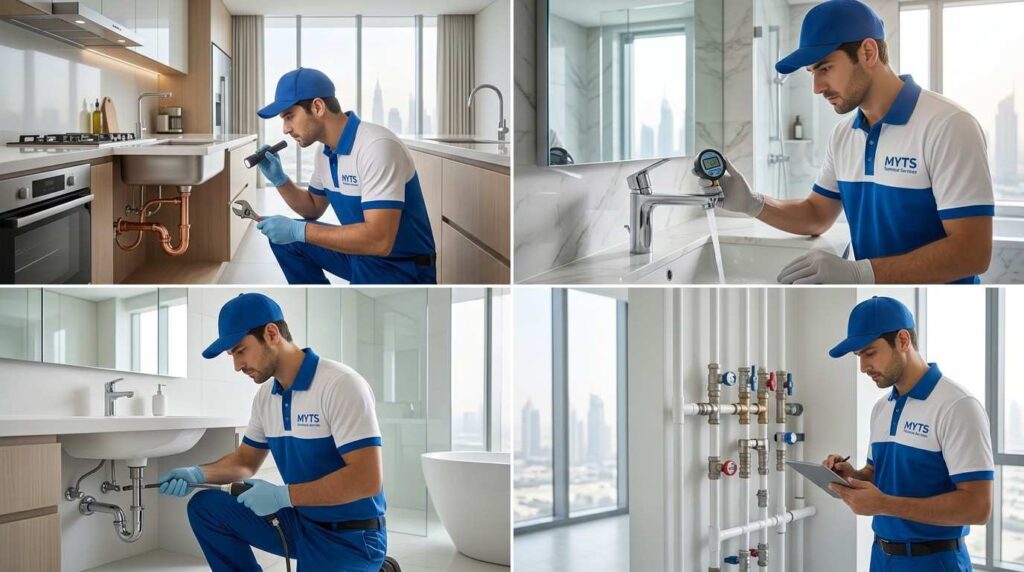 bathroom plumbing services in Dubai installing shower and pipes