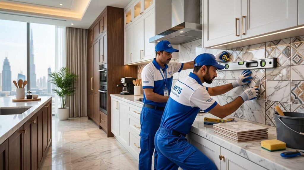 Kitchen Tiling Dubai Affordable & Professional Tile Installation in UAE 1 Skilled workers installing ceramic kitchen tiles in Dubai home kitchen