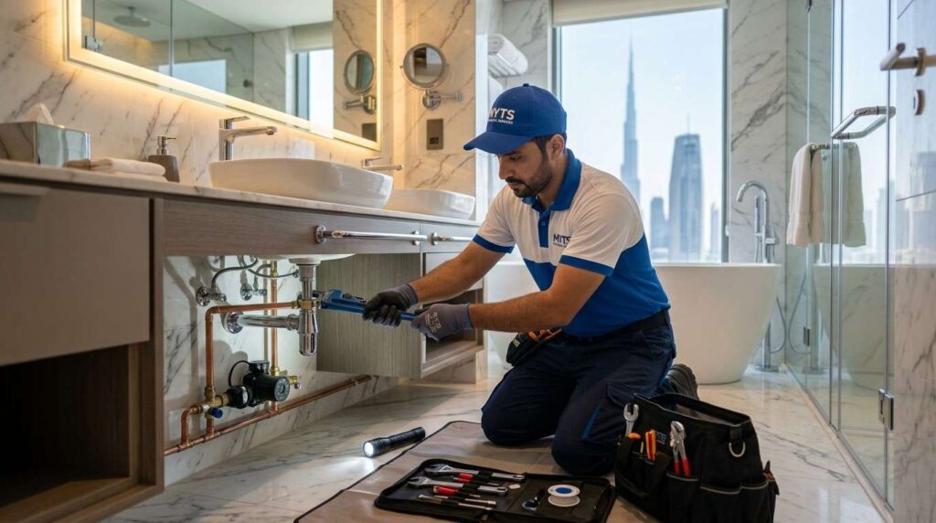 Skilled plumbing contractors installing bathroom fittings in Dubai