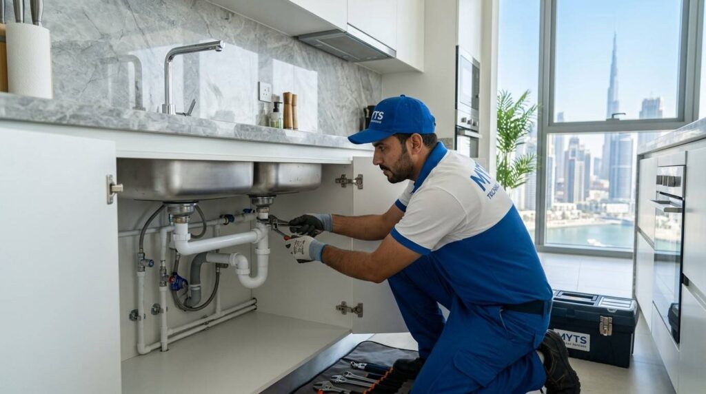 Skilled plumber fixing kitchen sink and water pipes in Dubai home