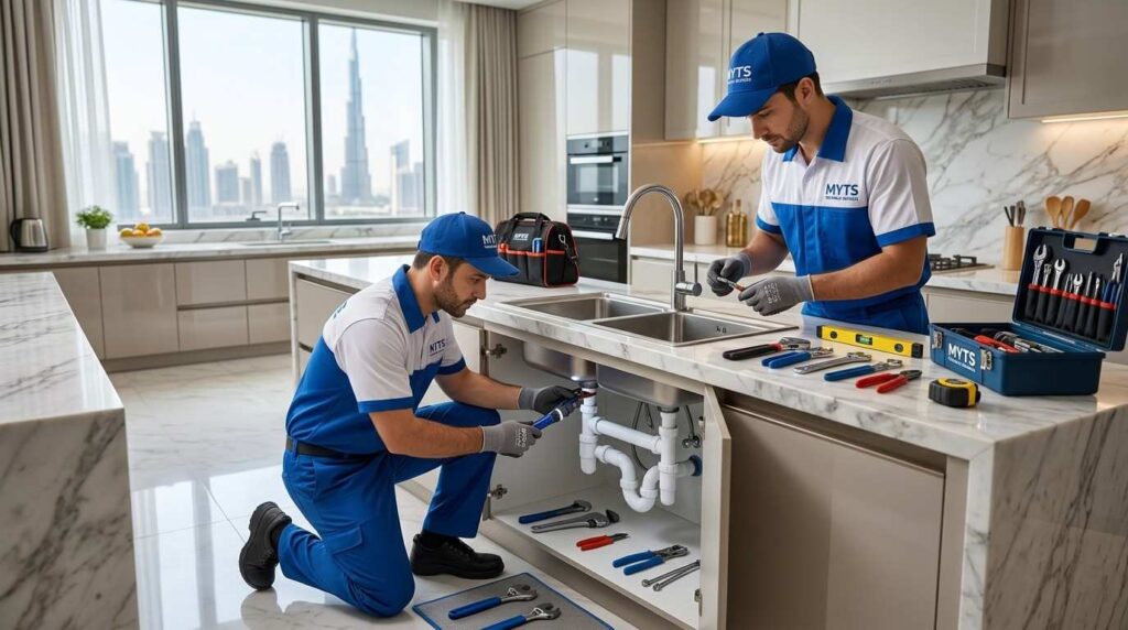 Commercial plumbing maintenance team working in Dubai office building