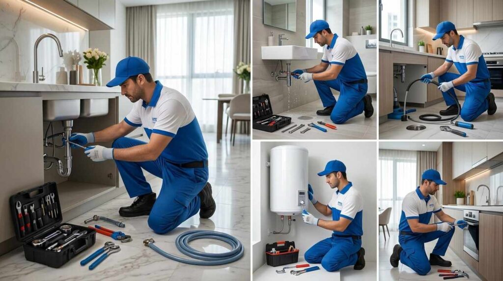 Emergency plumbing technician repairing broken water pipe in Dubai
