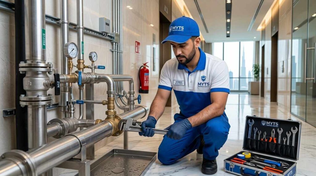 Emergency commercial plumber repairing pipes in Dubai