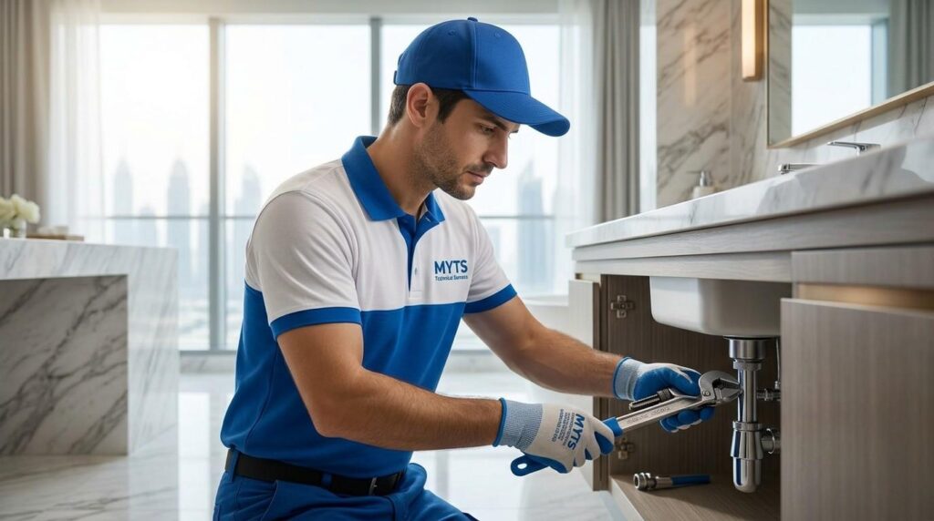 emergency plumbing service fixing water leak Dubai