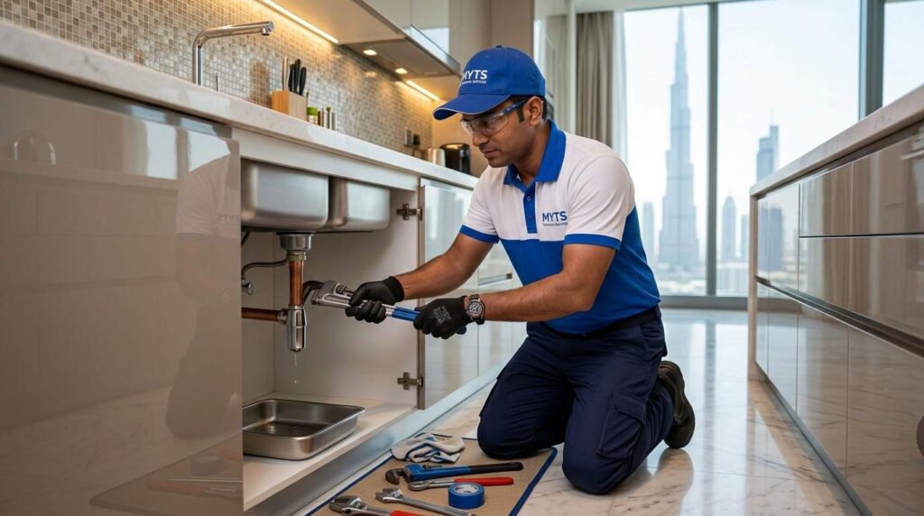 Emergency plumber fixing water pipe leakage in Dubai apartment