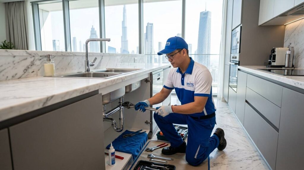 Emergency plumber fixing water leakage in Dubai apartment