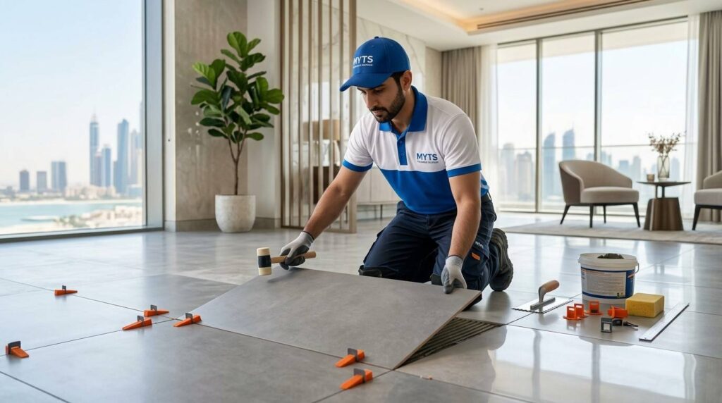 Modern ceramic floor tile installation work in Dubai villa