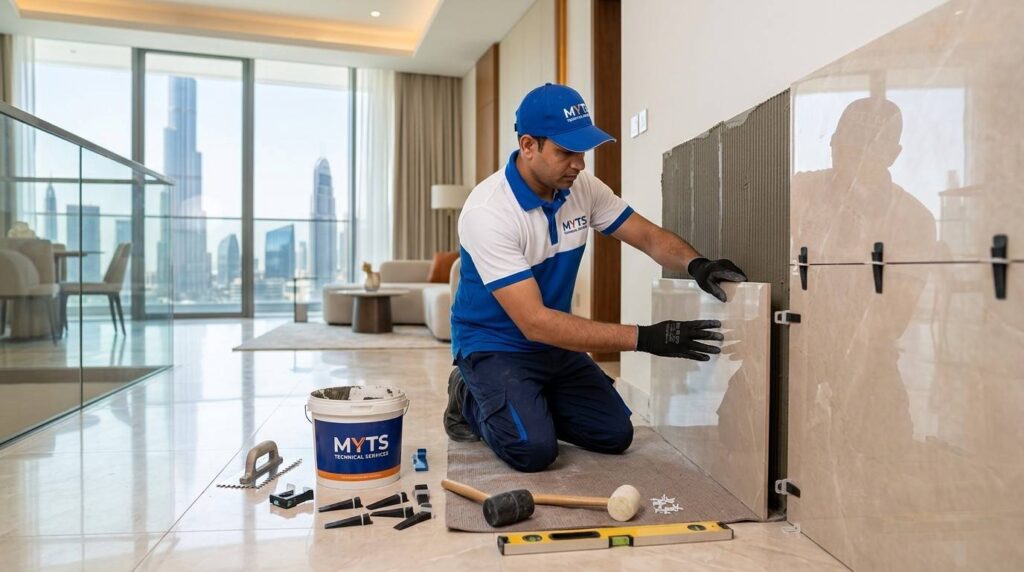 Professional Tiling Contractors Dubai Expert Tile Fixing Services 1 Skilled tiling workers fixing ceramic wall and floor tiles in Dubai