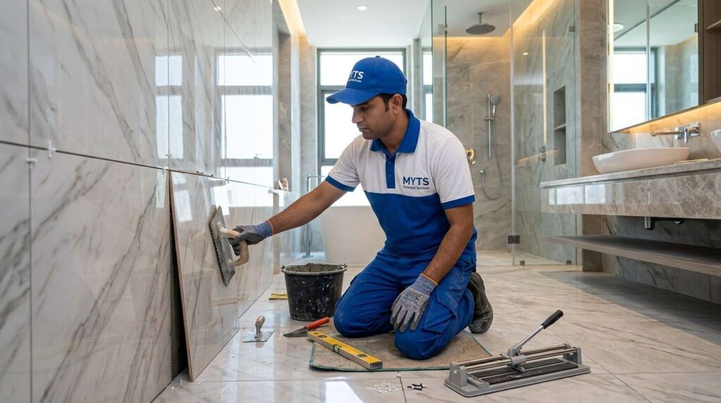 Tile Work in Dubai, Expert Tile Installation & Fixing Services 1 Modern wall and floor tiling installation work in Dubai bathroom