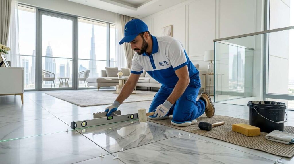 Floor and Wall Tiling Dubai, Expert Tile Installation Services 3 Kitchen floor tiling work in Dubai with modern tile patterns