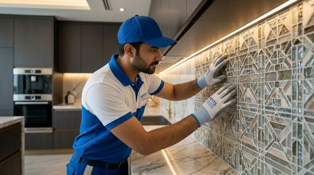 Kitchen Tiling Dubai Affordable & Professional Tile Installation in UAE 2 Kitchen wall and floor tiling work completed in Dubai villa kitchen