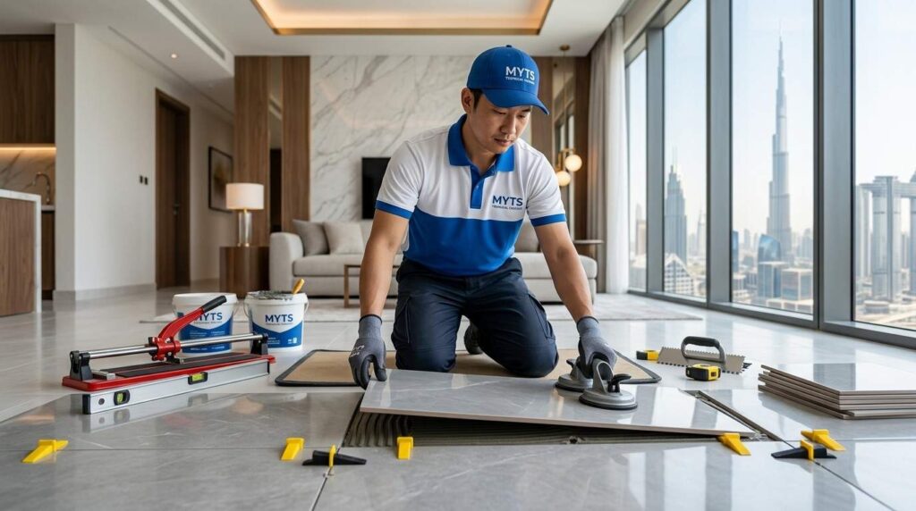 Kitchen backsplash and wall tile fixing work in Dubai home