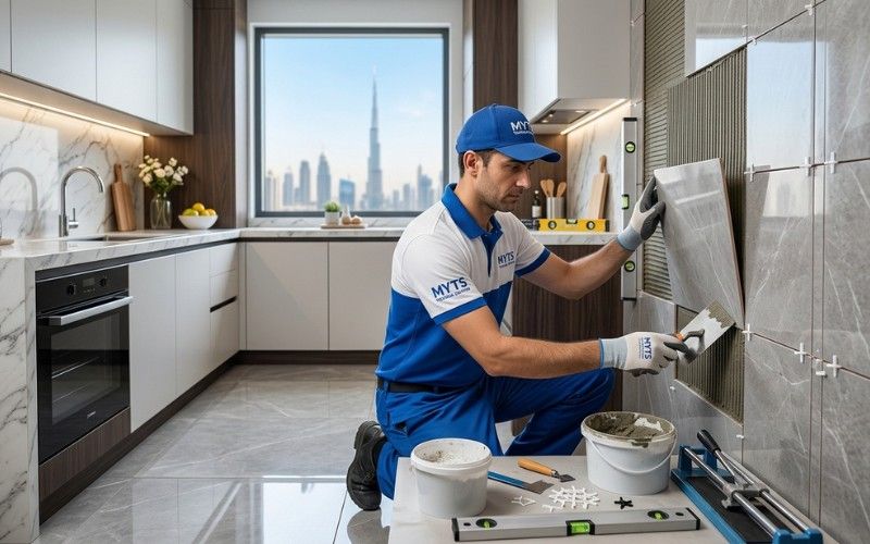 Professional kitchen tiling work in Dubai with modern wall and floor tiles