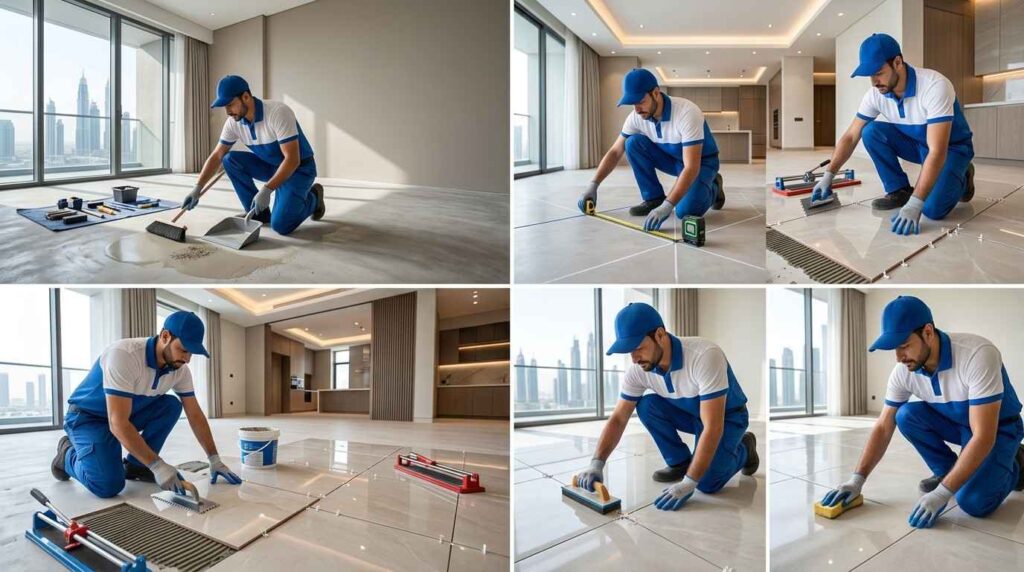Tile Work in Dubai, Expert Tile Installation & Fixing Services 3 Kitchen wall and floor tile work completed in Dubai apartment