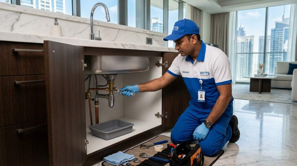 Technician fixing leaking water pipes in Dubai