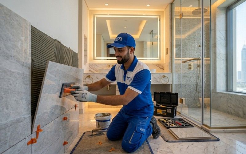 Modern bathroom tiling installation work in Dubai by MYTS Technical Services