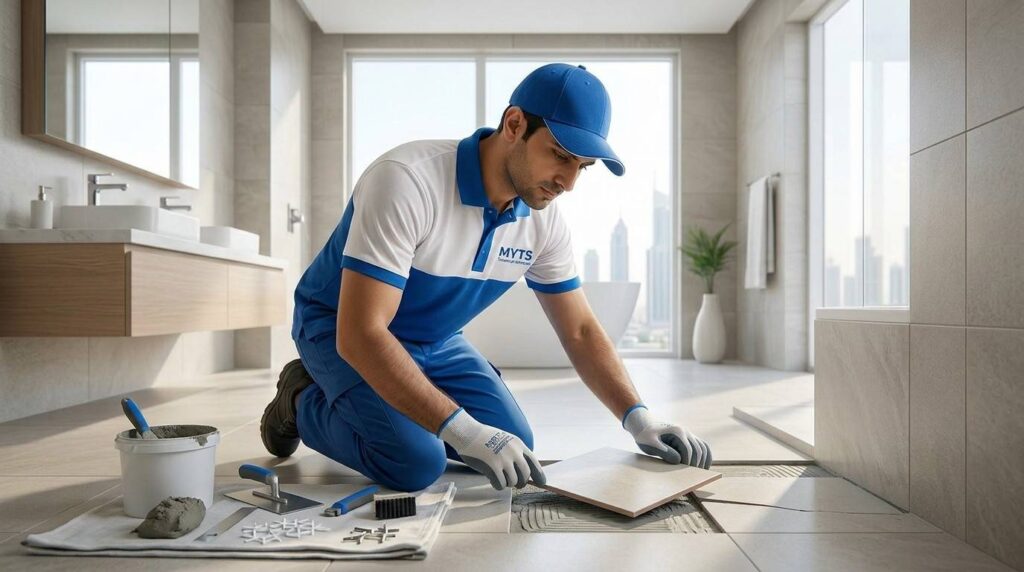 Affordable Tiling Work in Dubai, Cost Effective & Reliable Solutions 2 Skilled tilers installing ceramic floor tiles in Dubai property