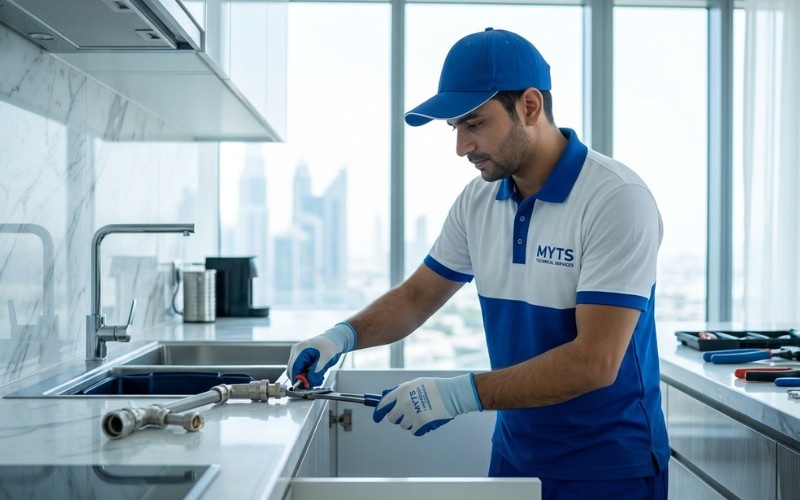 expert plumber repairing pipe in Dubai home