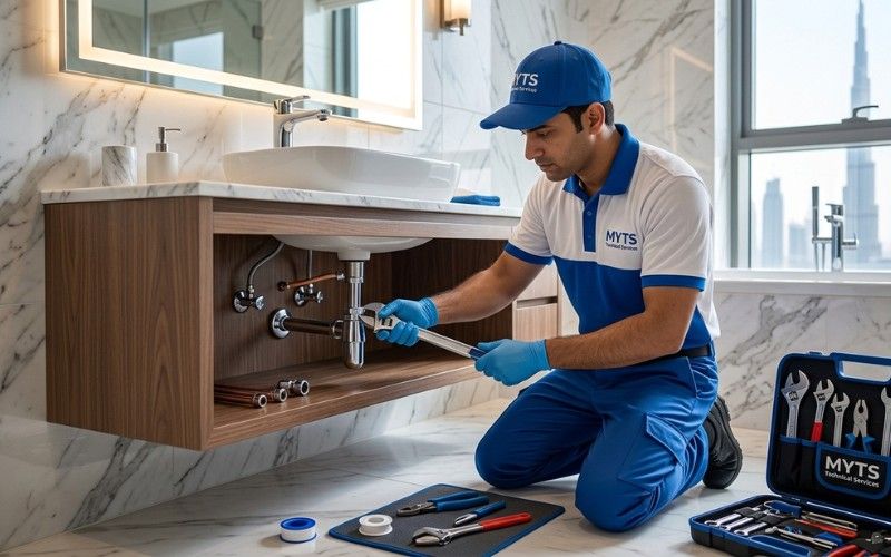 Professional plumber installing water pipes in Dubai apartment