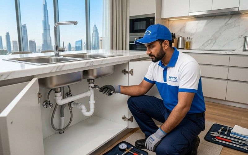Expert plumber repairing kitchen sink during plumbing maintenance in Dubai