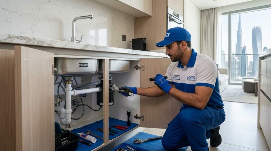 Plumbing maintenance technician checking water pipes in Dubai