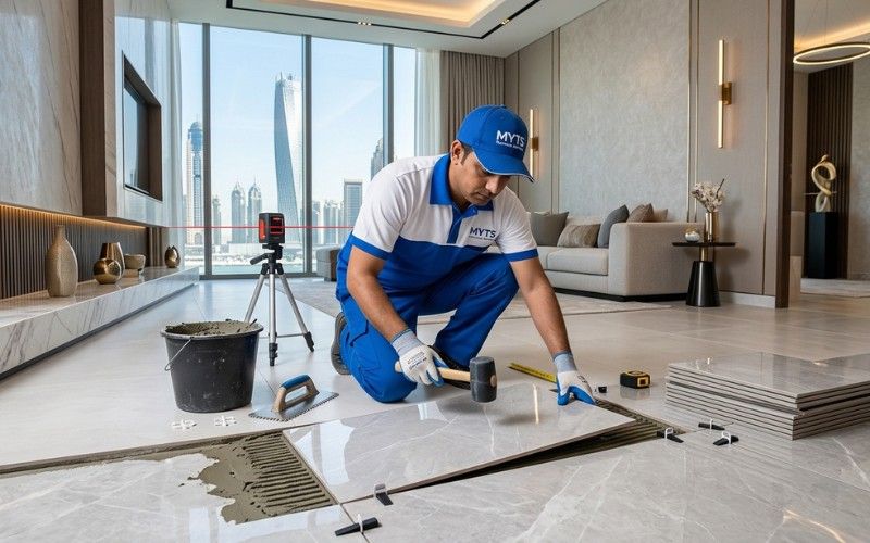 Expert worker installing floor tiles in Dubai residential property