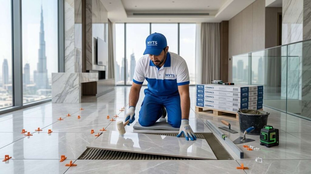 Floor and Wall Tiling Dubai, Expert Tile Installation Services 1 Skilled workers installing ceramic floor tiles in Dubai