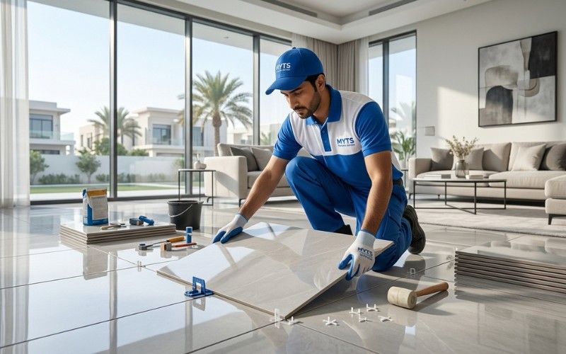 Professional workers installing floor tiles in a modern Dubai villa