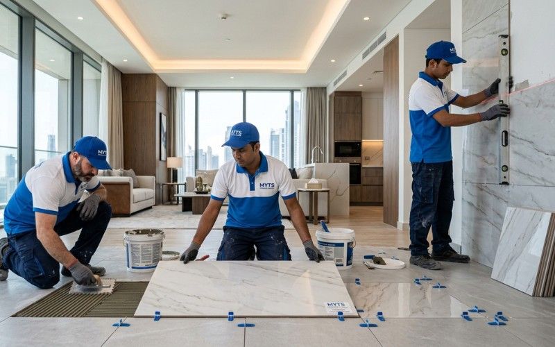 Professional tiling contractors in Dubai installing floor tiles in a luxury villa