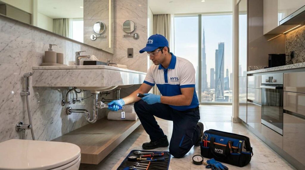 Residential plumbing maintenance work in Dubai home kitchen