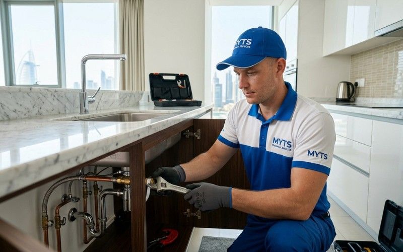 Professional plumber repairing kitchen pipes in Dubai home