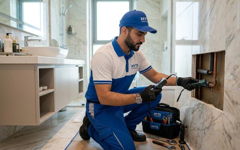 Professional plumber repairing water leakage in Dubai apartment