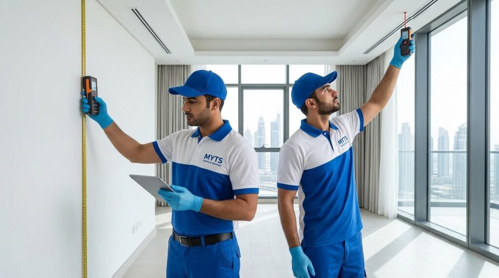 Skilled workers installing gypsum ceiling and partition work in Dubai construction site