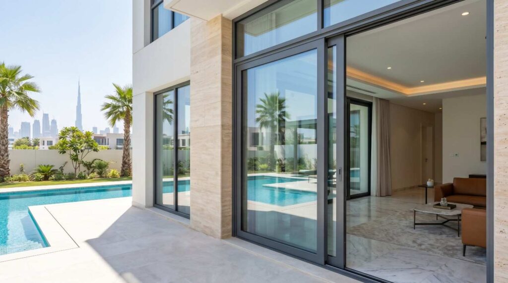 Skilled technician installing aluminium doors in Dubai house