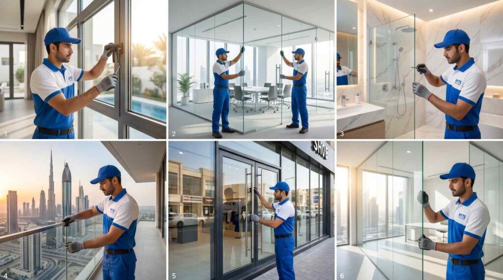 Aluminium and Glass Work in Dubai 2 Technician installing aluminium doors and windows in Dubai home