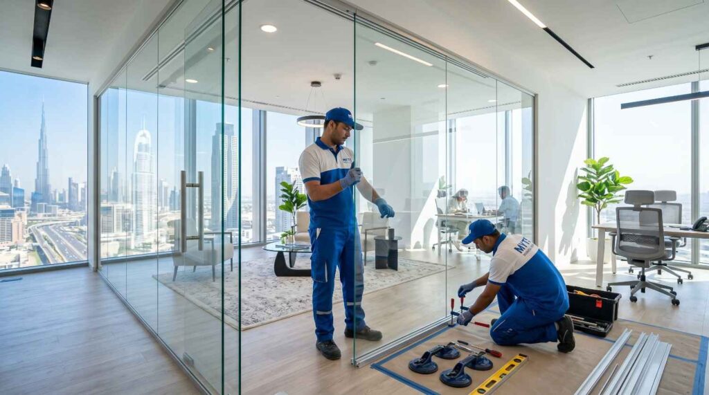 Aluminium and Glass Company in Dubai 2 Skilled technicians installing aluminium windows and doors in Dubai residential property