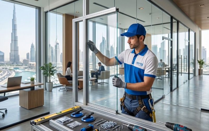 Aluminium window installation with glass panels in a modern Dubai building