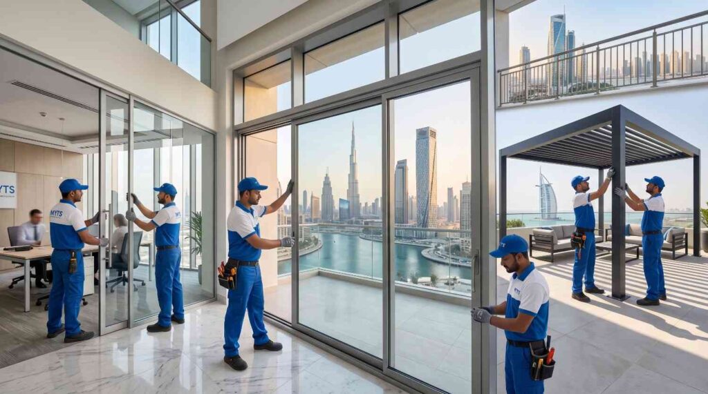 Aluminum Work in Dubai Professional Aluminum Fabrication and Installation Services 2 Modern aluminum and glass partition installation in Dubai office interior