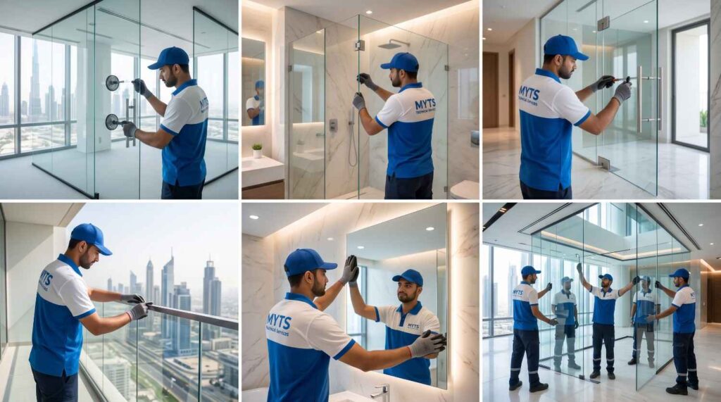 Aluminum framed glass door installation in Dubai residential building