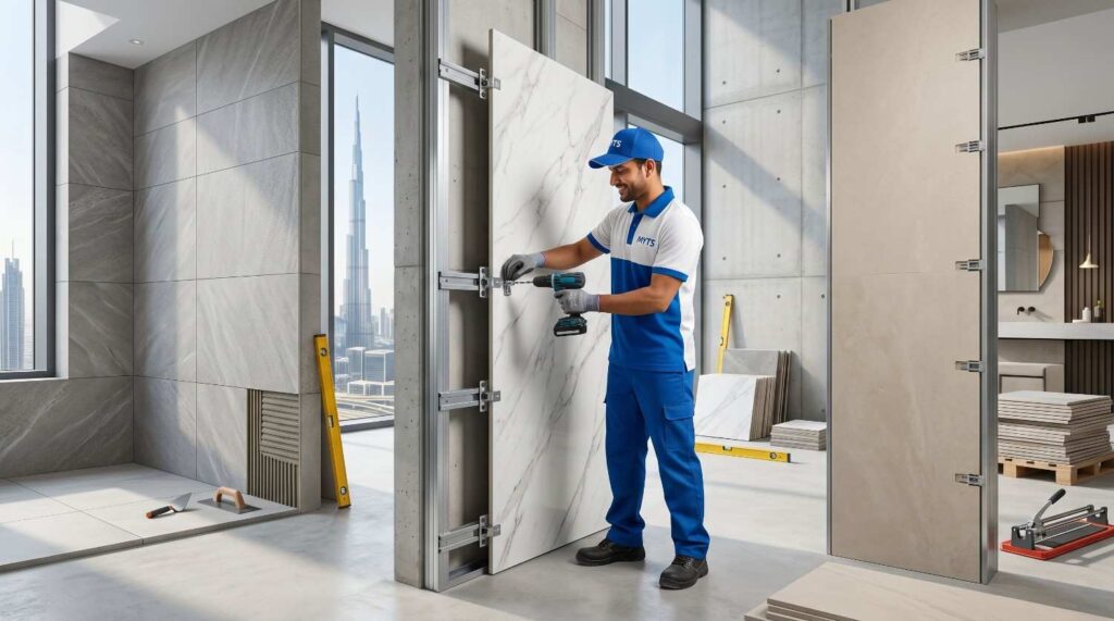 Modern bathroom with professionally installed porcelain wall and floor tiles in Dubai