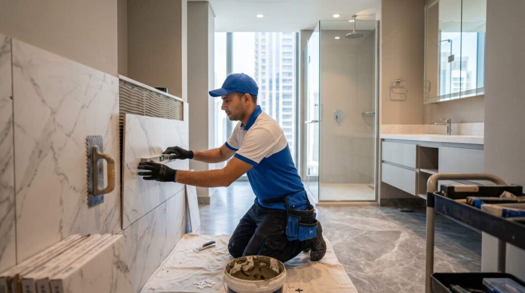 Residential bathroom tiling service in Dubai with premium wall and floor tiles