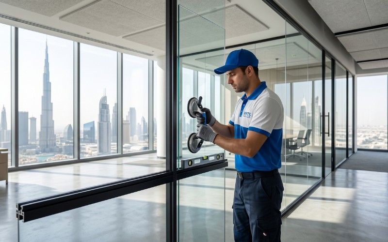 Professional aluminium and glass company in Dubai installing custom glass partitions and aluminium frames.