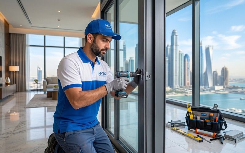 Aluminum door installation work in Dubai for modern residential building