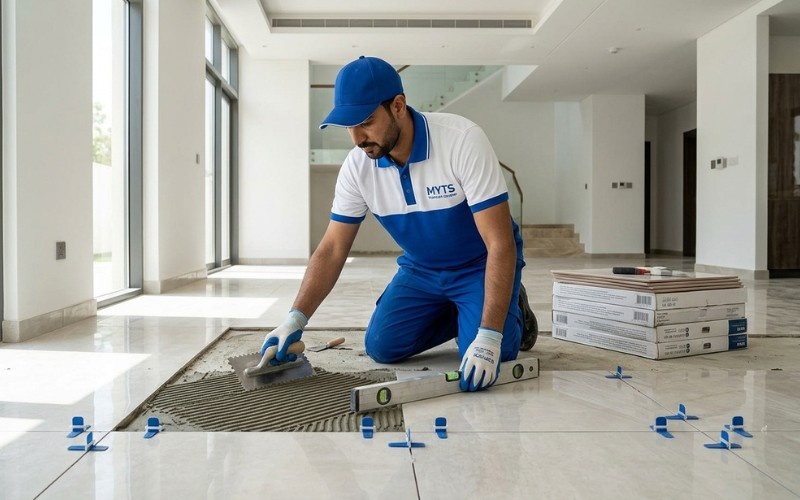 Professional ceramic tile installation in Dubai home with perfectly aligned floor tiles