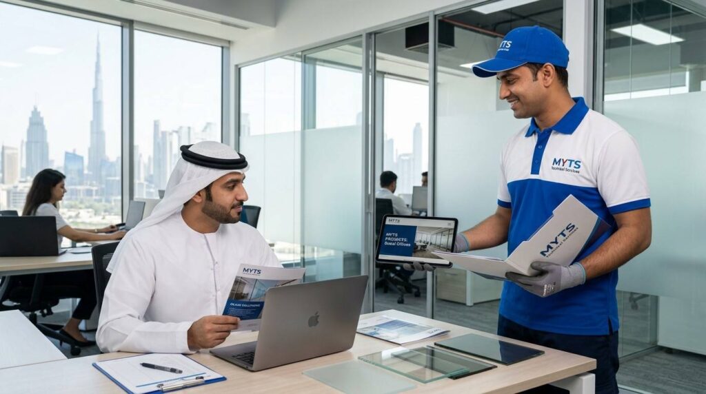 Professional glass partition contractors installing office glass walls in Dubai commercial building