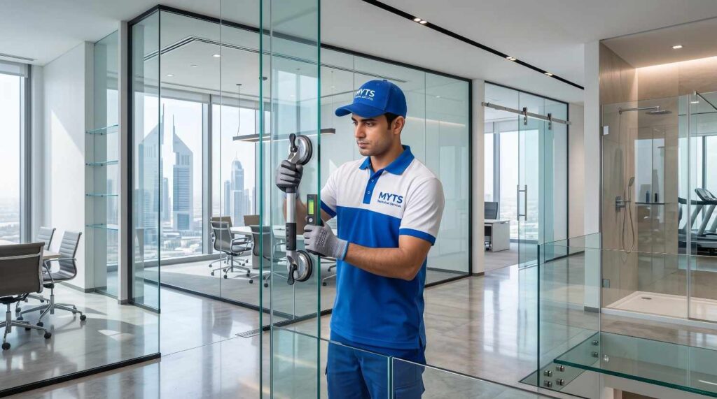 Glass Work in Dubai Modern, Safe & Custom Glass Solutions 2 Commercial glass work in Dubai with office partitions and storefront glass installation