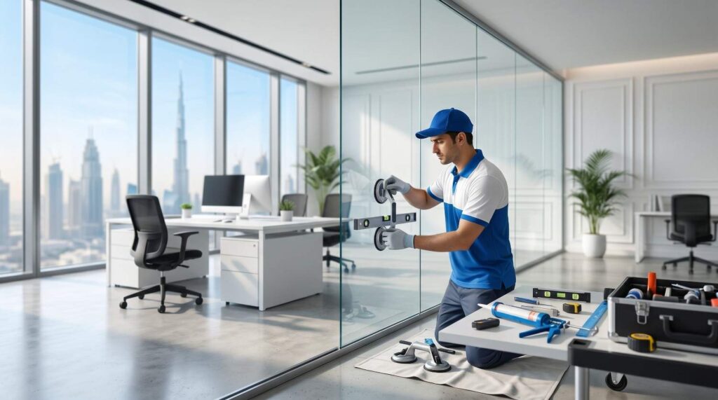 Custom made glass partition installation service in Dubai by professionals
