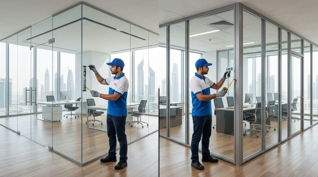 Custom glass wall partition system in Dubai office with premium aluminum frame and clear glass