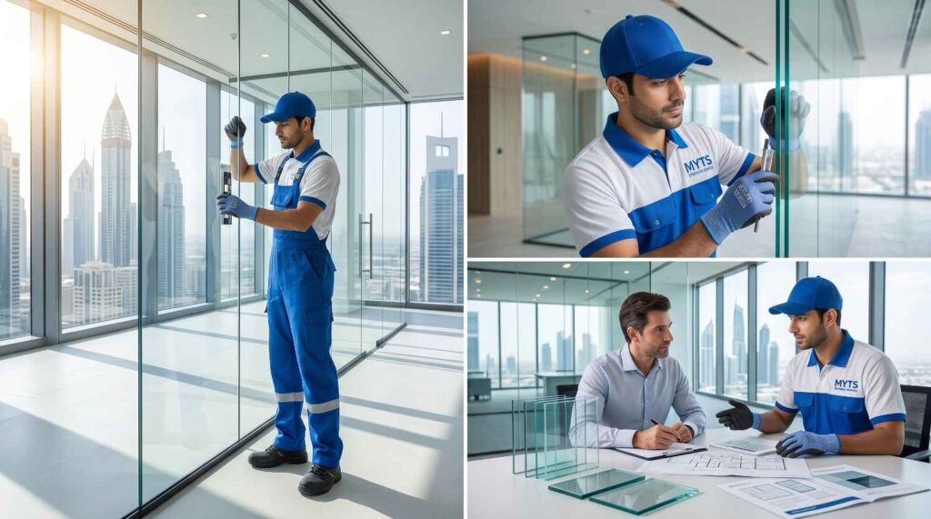 Custom designed glass railing and windows installation in Dubai